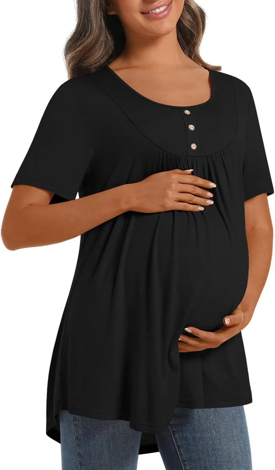Womens Maternity Summer Casual T Shirts Loose Buttons Pregnancy Tunic Shirts for Leggings