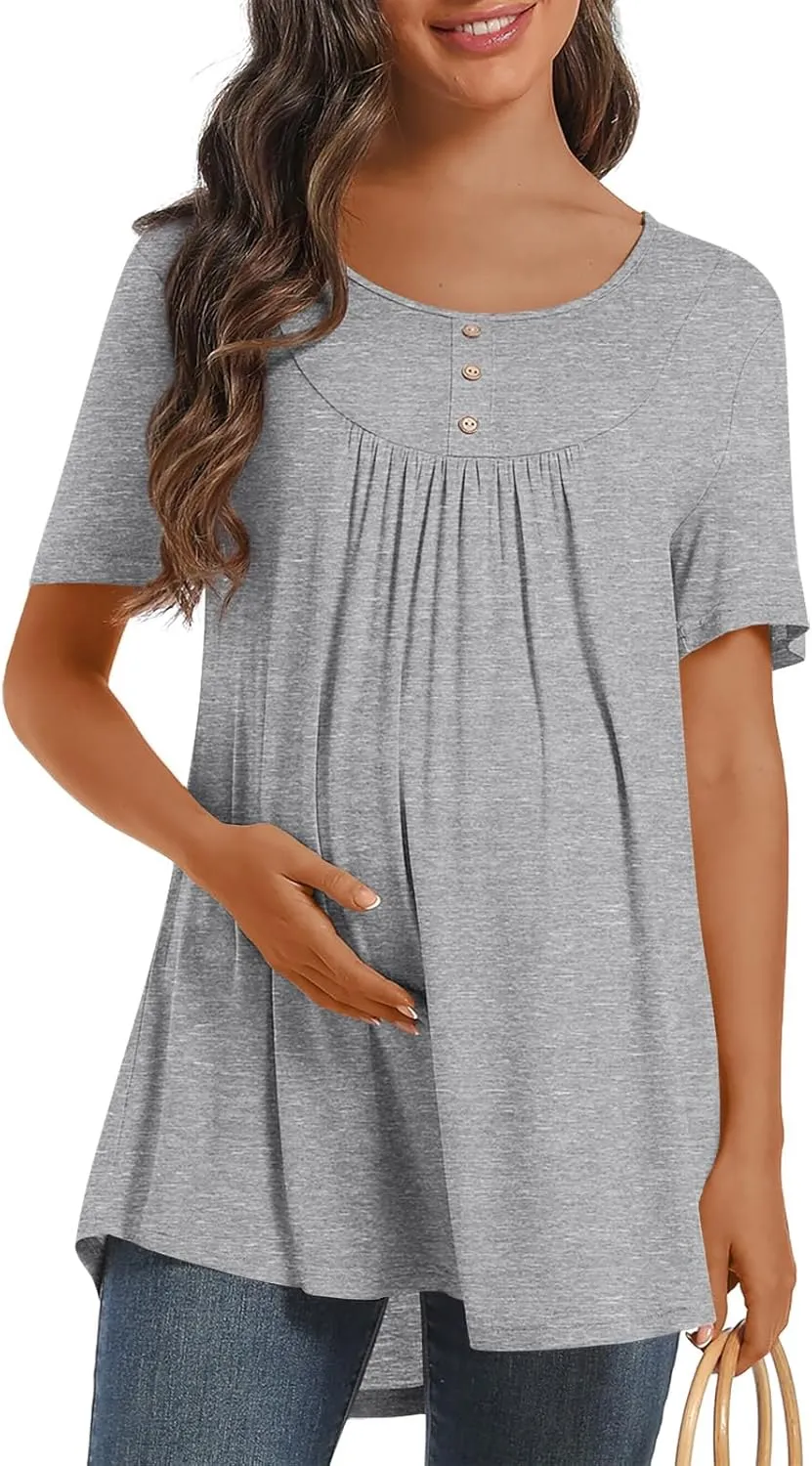 Womens Maternity Summer Casual T Shirts Loose Buttons Pregnancy Tunic Shirts for Leggings