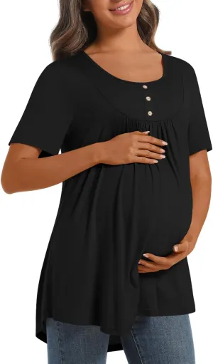 Womens Maternity Summer Casual T Shirts Loose Buttons Pregnancy Tunic Shirts for Leggings