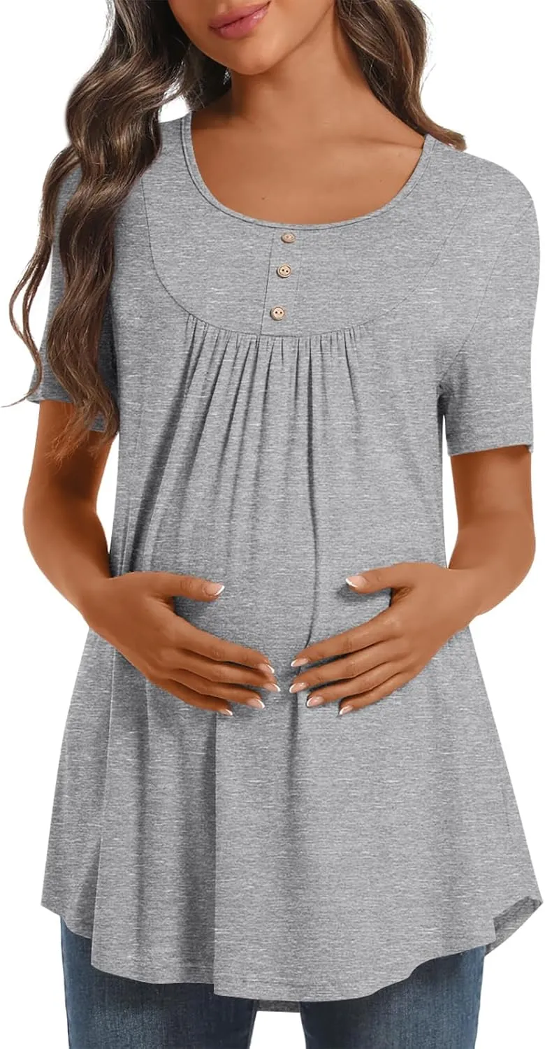 Womens Maternity Summer Casual T Shirts Loose Buttons Pregnancy Tunic Shirts for Leggings