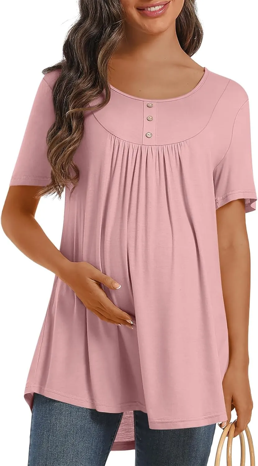 Womens Maternity Summer Casual T Shirts Loose Buttons Pregnancy Tunic Shirts for Leggings