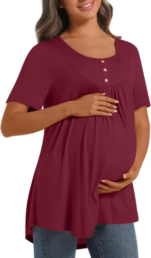 Womens Maternity Summer Casual T Shirts Loose Buttons Pregnancy Tunic Shirts for Leggings