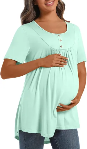 Womens Maternity Summer Casual T Shirts Loose Buttons Pregnancy Tunic Shirts for Leggings
