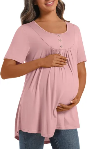 Womens Maternity Summer Casual T Shirts Loose Buttons Pregnancy Tunic Shirts for Leggings