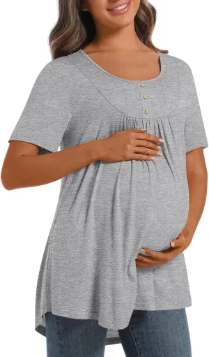 Womens Maternity Summer Casual T Shirts Loose Buttons Pregnancy Tunic Shirts for Leggings