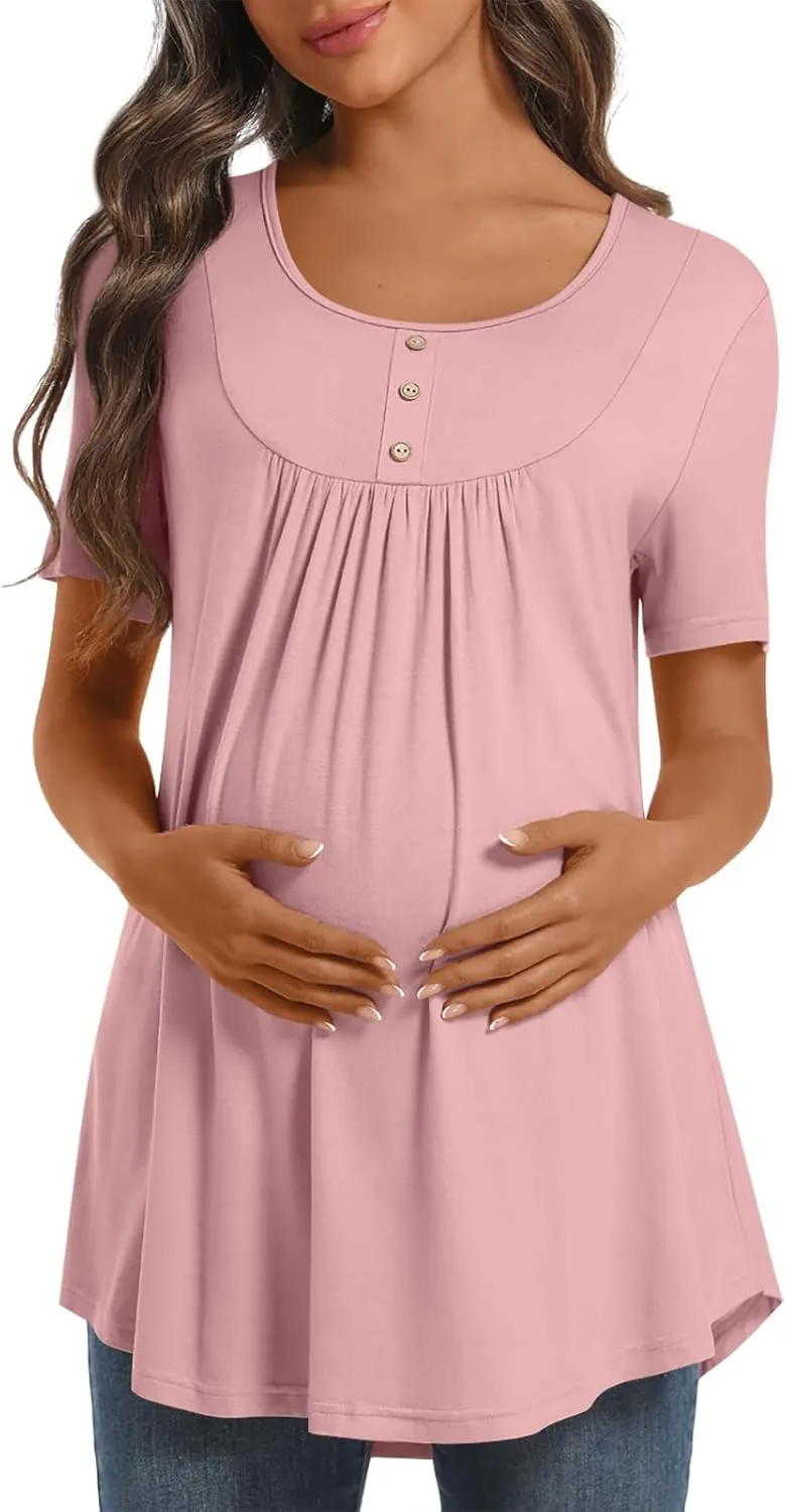 Womens Maternity Summer Casual T Shirts Loose Buttons Pregnancy Tunic Shirts for Leggings