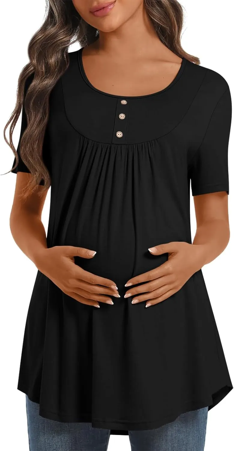 Womens Maternity Summer Casual T Shirts Loose Buttons Pregnancy Tunic Shirts for Leggings