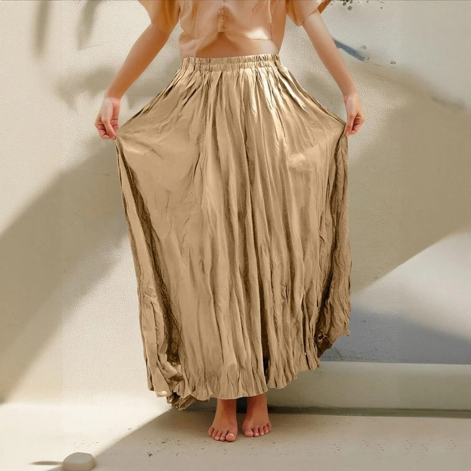 Women's Maxi Dresses 2025 Long Elastic High Waist Retro Pleated A-Line Flared Maxi Skirts, S-XL