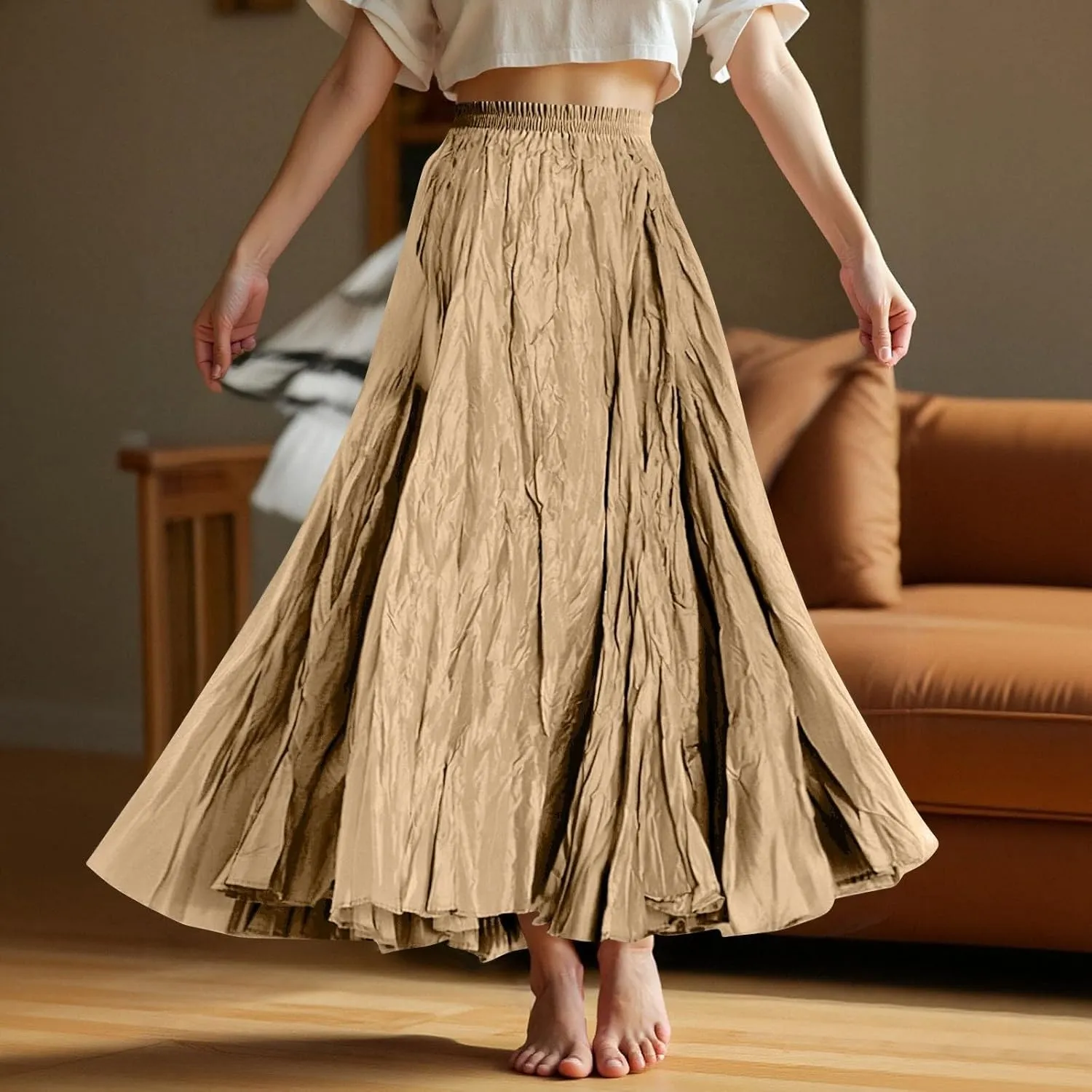 Women's Maxi Dresses 2025 Long Elastic High Waist Retro Pleated A-Line Flared Maxi Skirts, S-XL