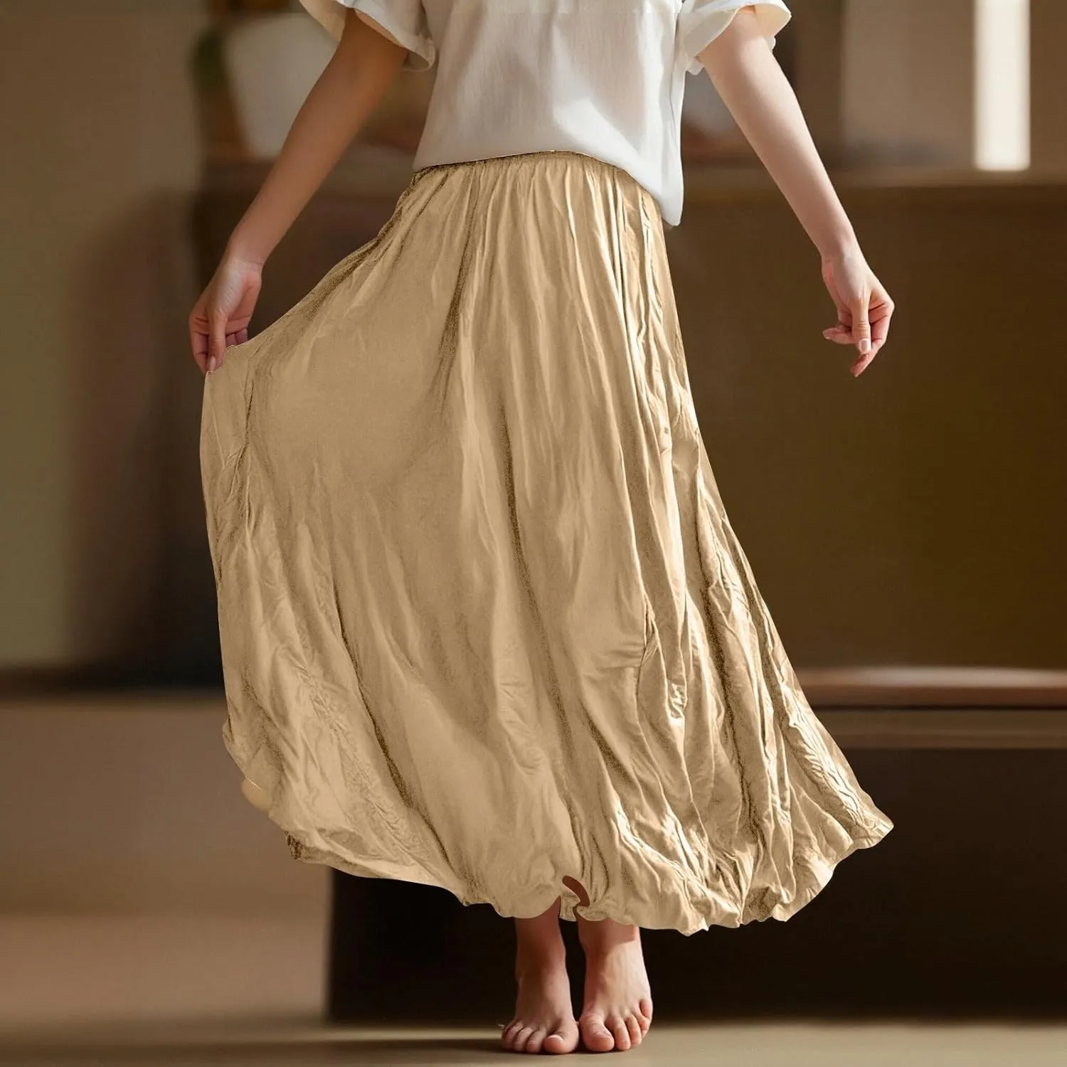 Women's Maxi Dresses 2025 Long Elastic High Waist Retro Pleated A-Line Flared Maxi Skirts, S-XL
