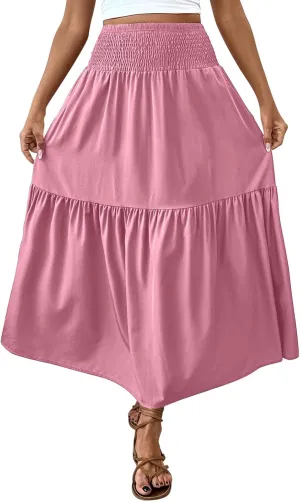 Womens Maxi Skirts Elastic High Waist A Line Flowy Long Skirts Summer Casual Layered Smocked Ruched Beach Skirt