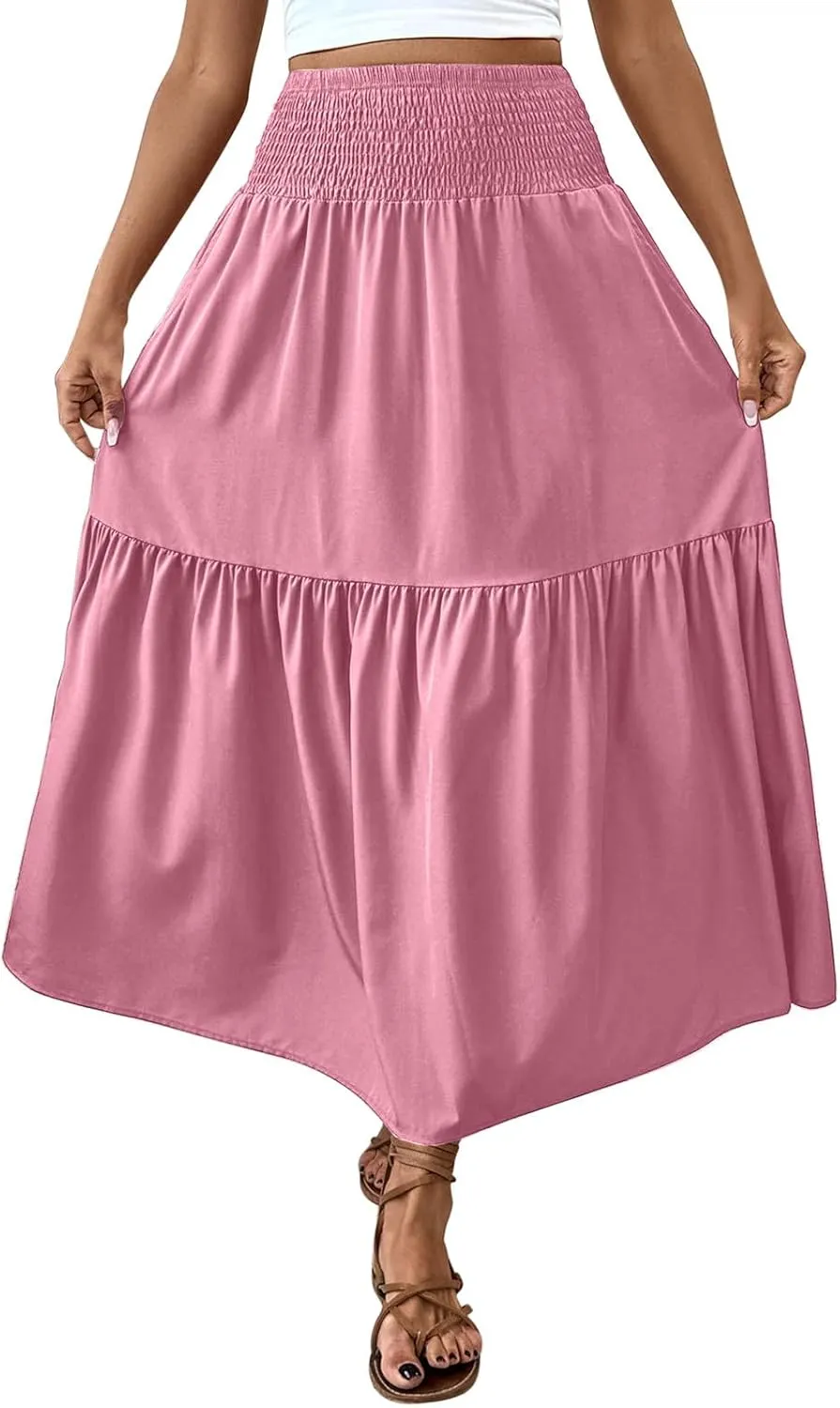 Womens Maxi Skirts Elastic High Waist A Line Flowy Long Skirts Summer Casual Layered Smocked Ruched Beach Skirt