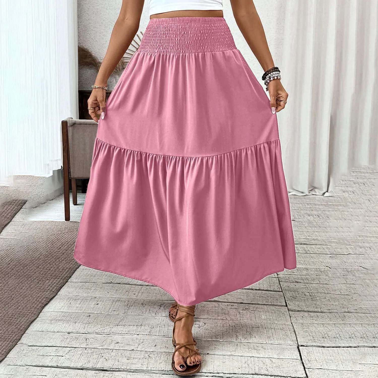 Womens Maxi Skirts Elastic High Waist A Line Flowy Long Skirts Summer Casual Layered Smocked Ruched Beach Skirt
