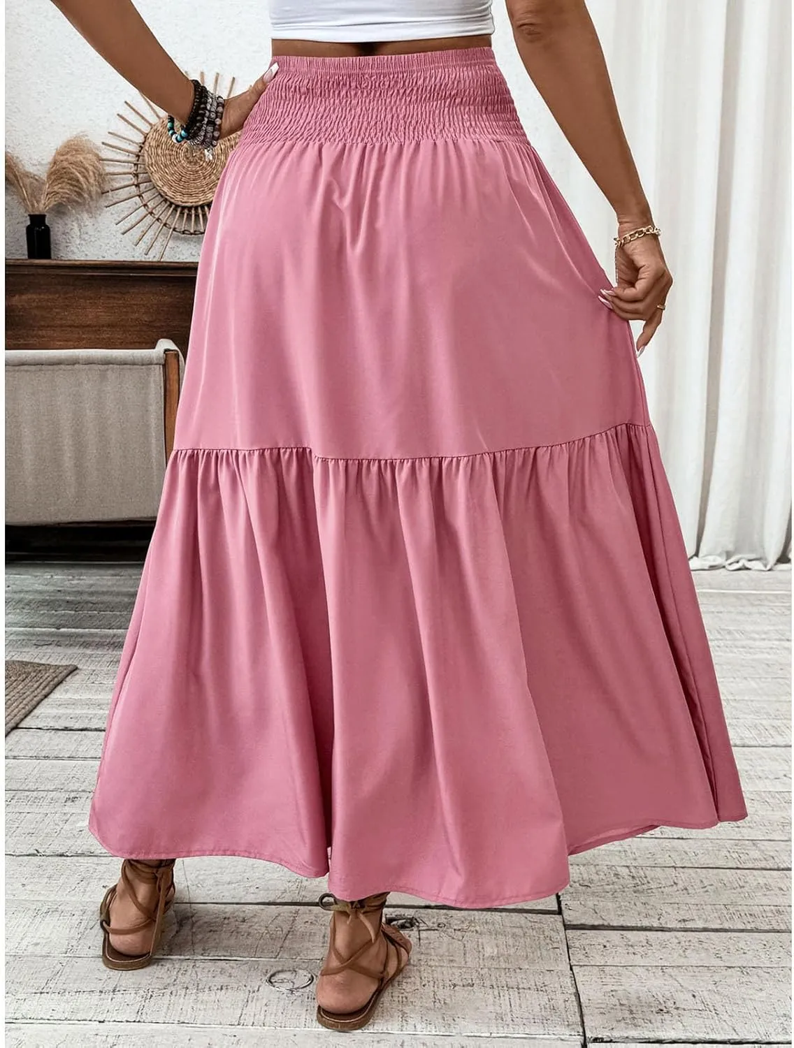 Womens Maxi Skirts Elastic High Waist A Line Flowy Long Skirts Summer Casual Layered Smocked Ruched Beach Skirt