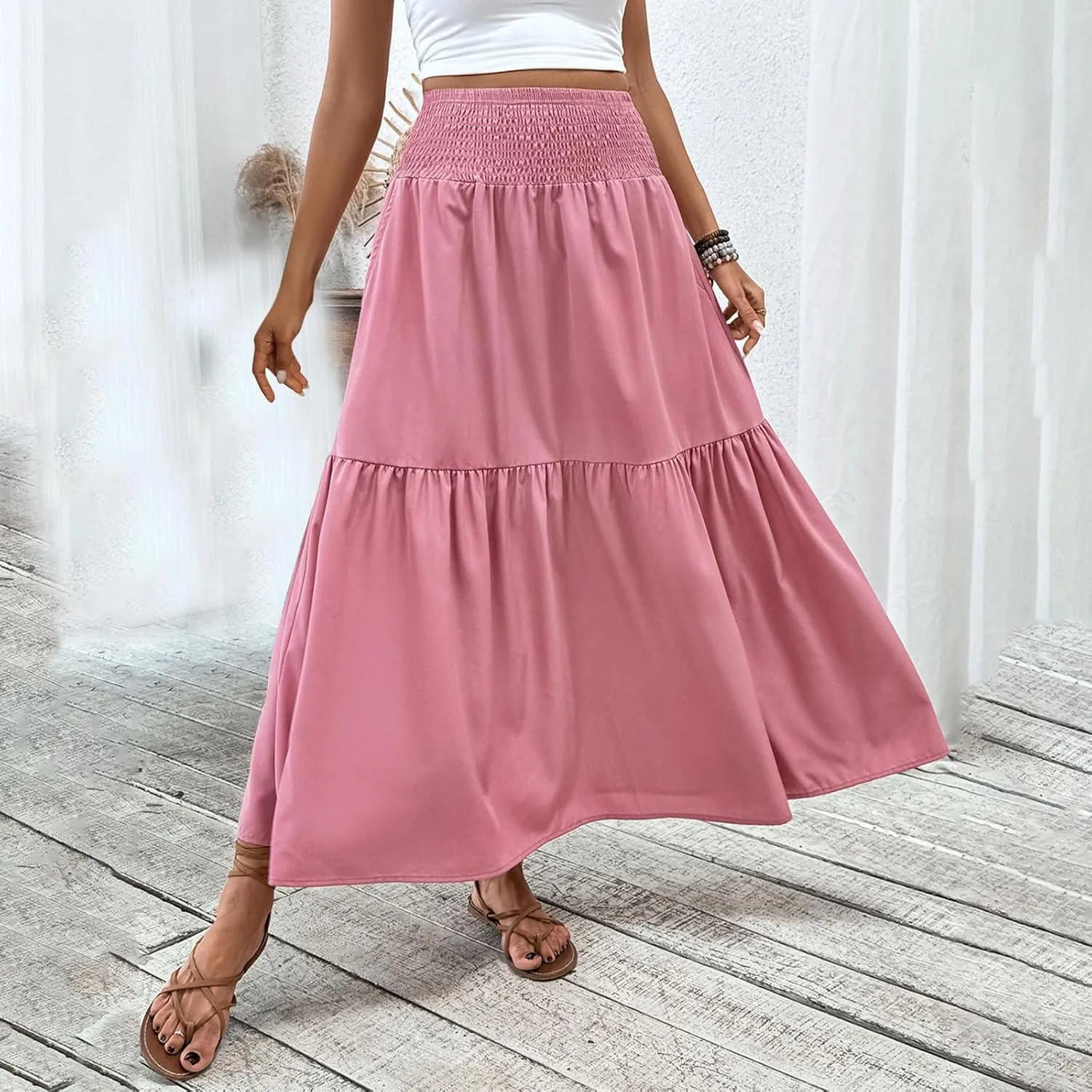 Womens Maxi Skirts Elastic High Waist A Line Flowy Long Skirts Summer Casual Layered Smocked Ruched Beach Skirt