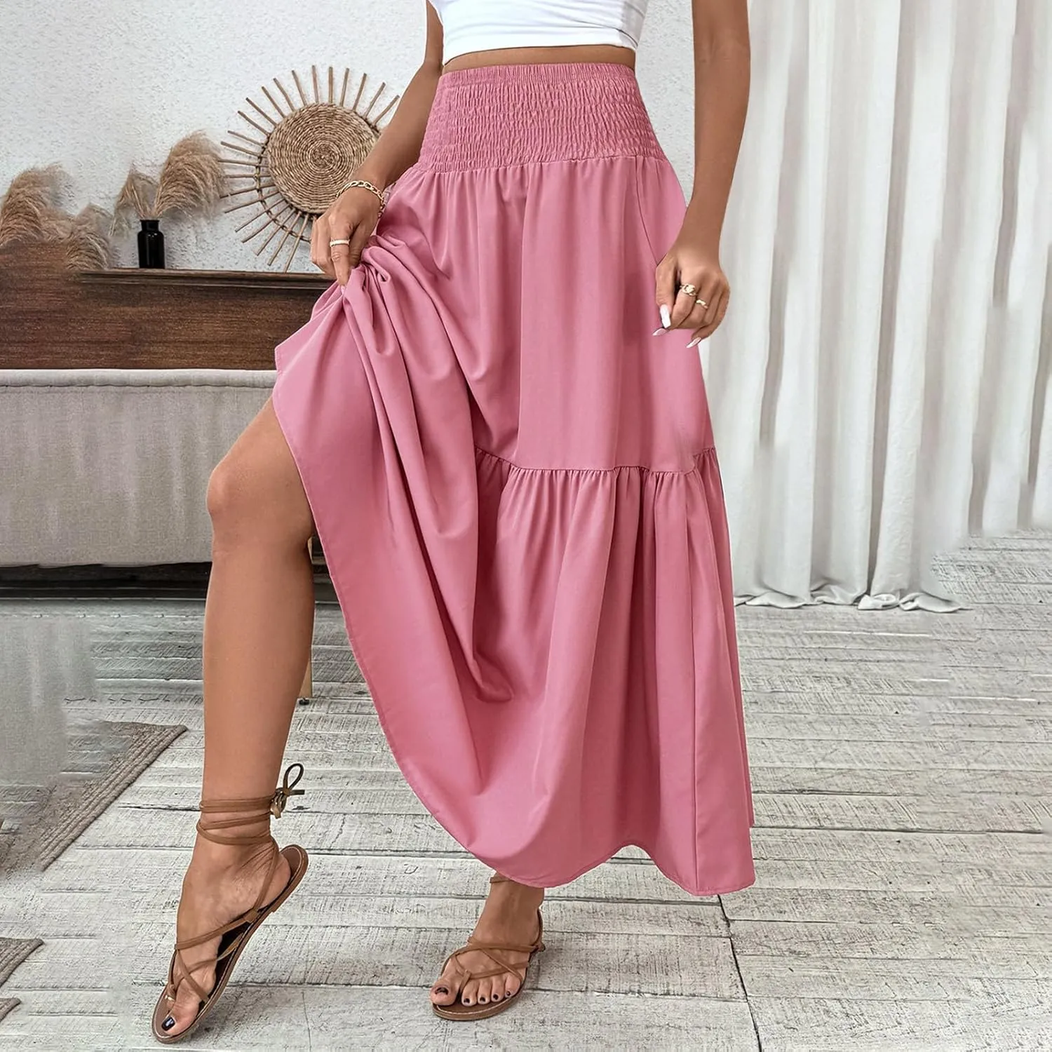 Womens Maxi Skirts Elastic High Waist A Line Flowy Long Skirts Summer Casual Layered Smocked Ruched Beach Skirt