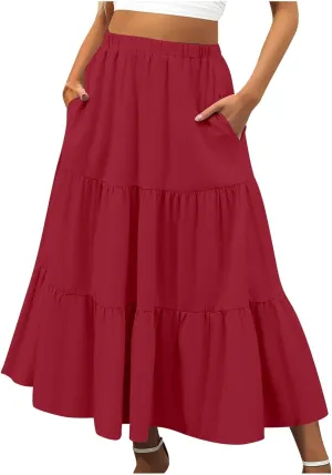 Women's Midi Skirts Flowy High Waisted Pleated A-Line Swing Skirts Summer Ruffle Tiered Long Skirt with Pockets