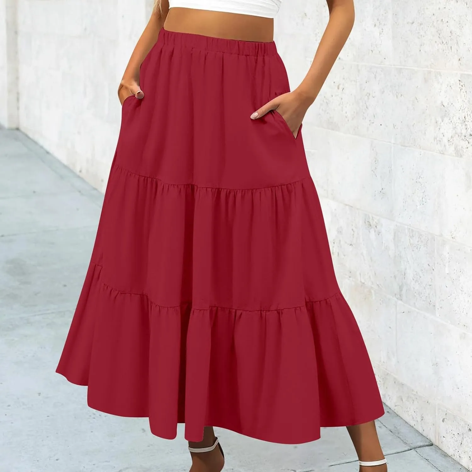 Women's Midi Skirts Flowy High Waisted Pleated A-Line Swing Skirts Summer Ruffle Tiered Long Skirt with Pockets