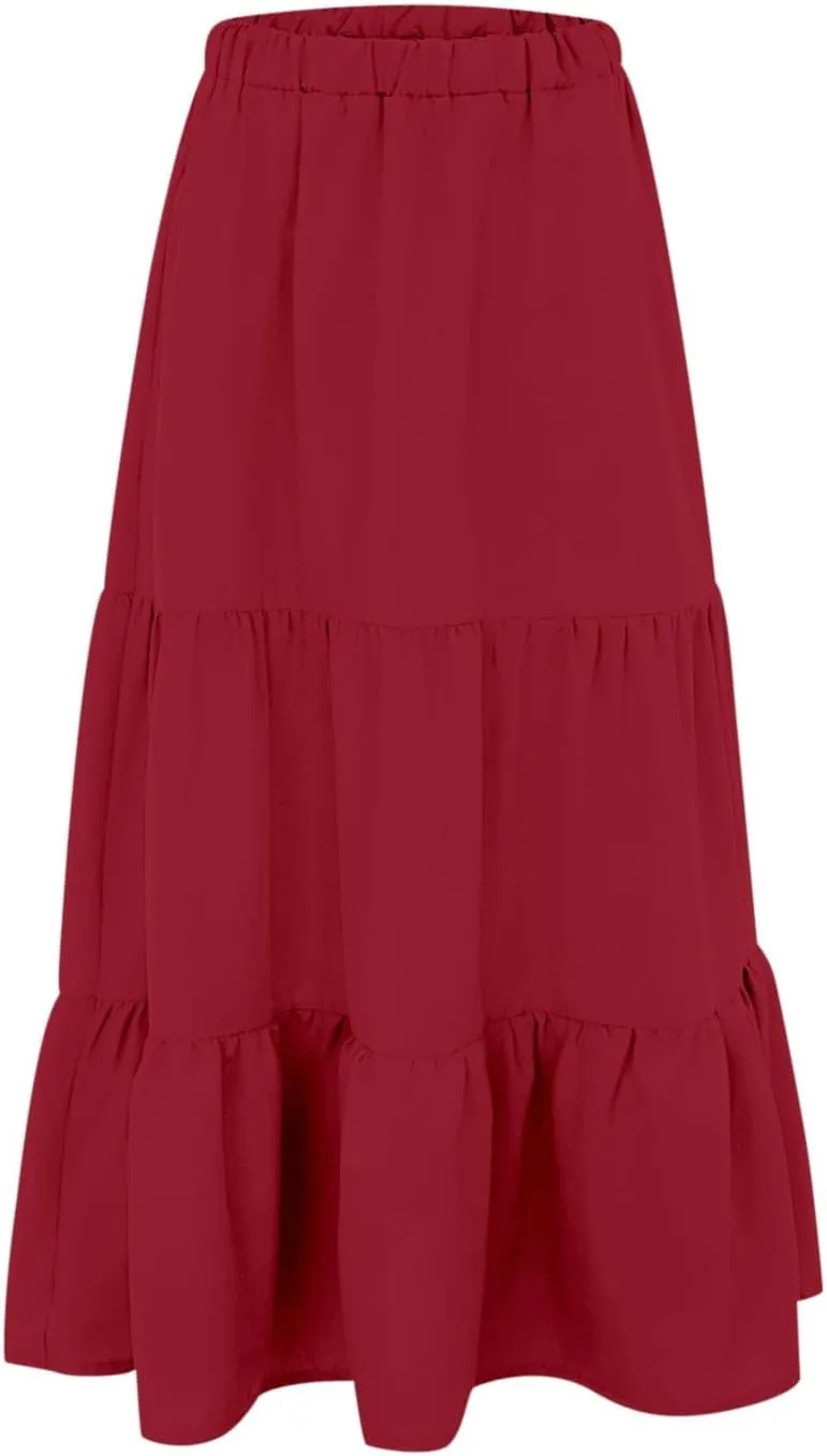 Women's Midi Skirts Flowy High Waisted Pleated A-Line Swing Skirts Summer Ruffle Tiered Long Skirt with Pockets