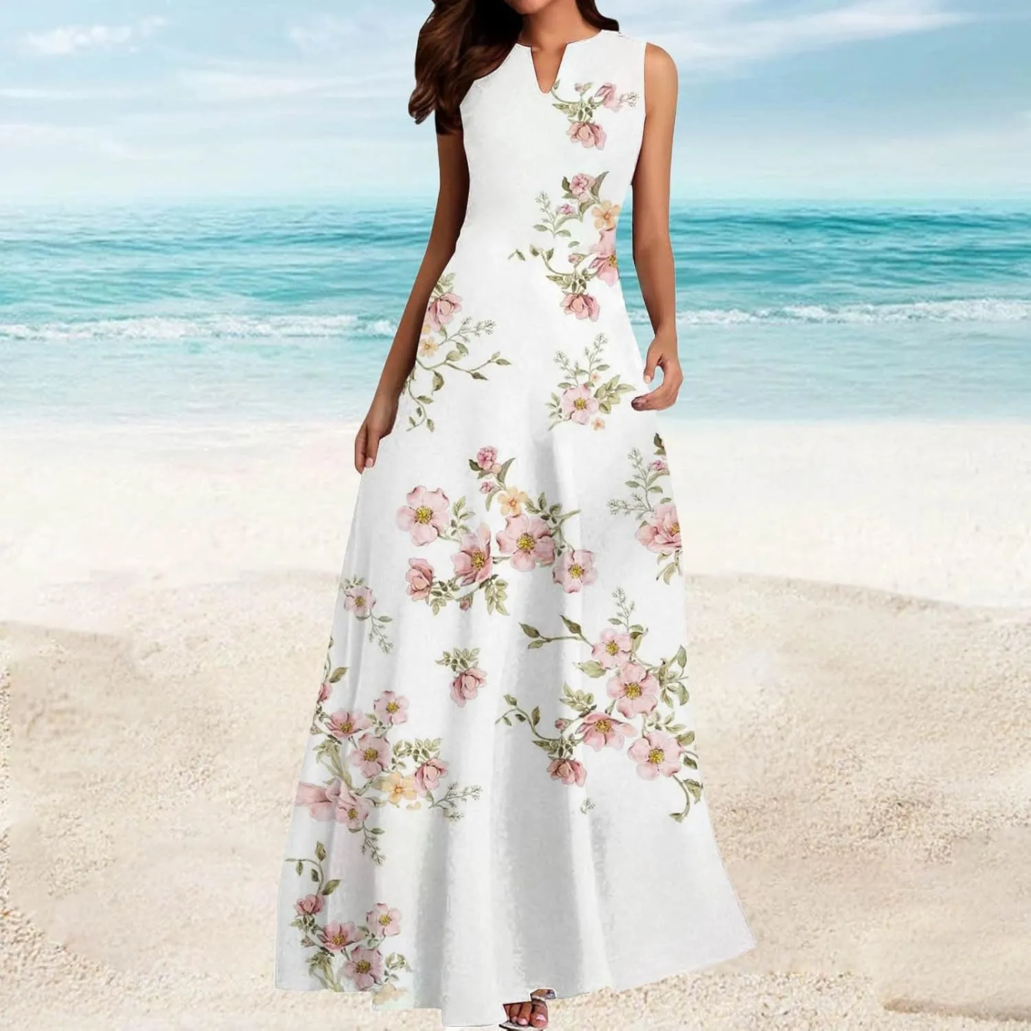 Women's MiniI Dresses Fashion Printed Long Skirt Casual Flower Sleeveless V Sundress Casual Maxi Tunic Tank Dress