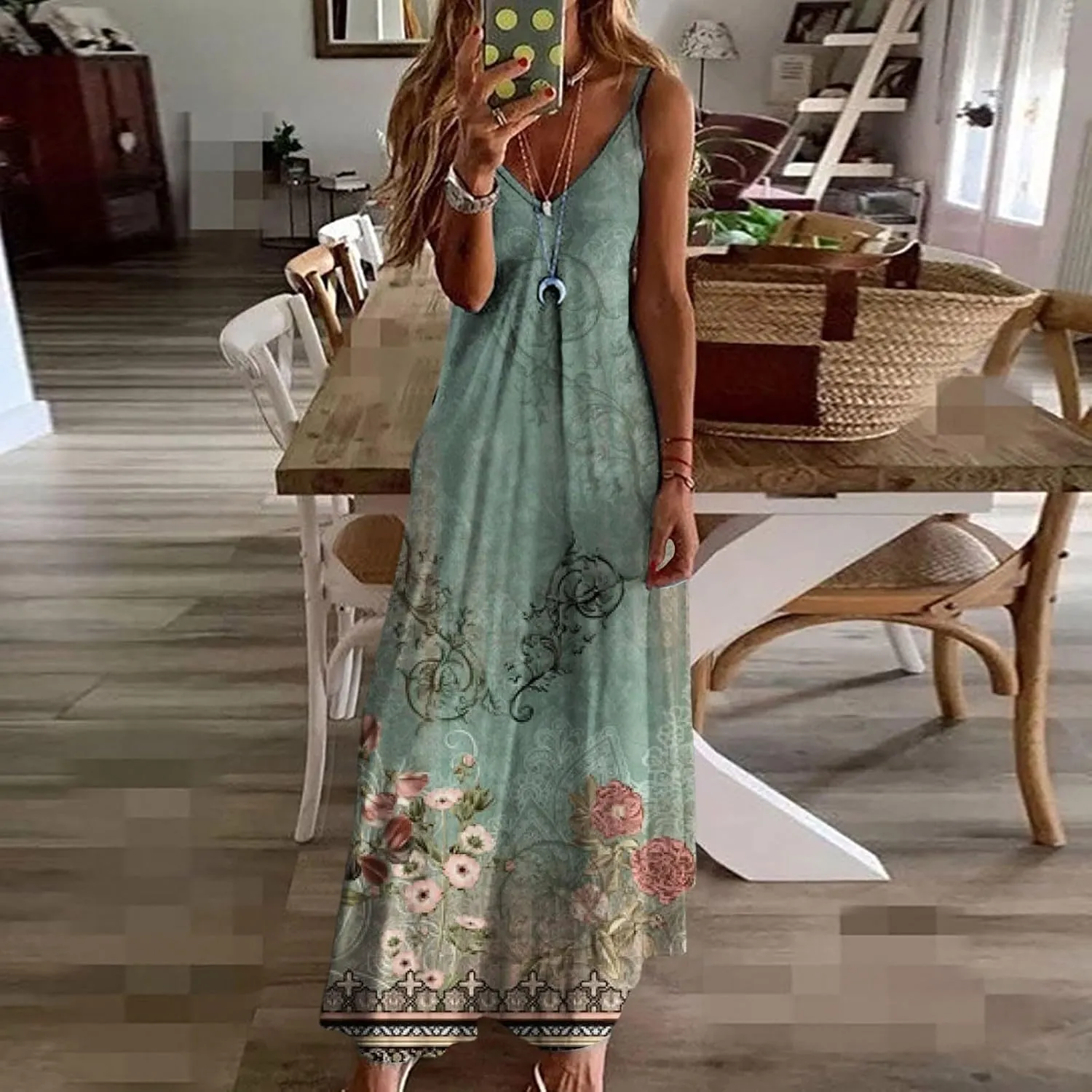 Women's MiniI Dresses Fashion Printed Long Skirt Casual Flower Sleeveless V Sundress Casual Maxi Tunic Tank Dress