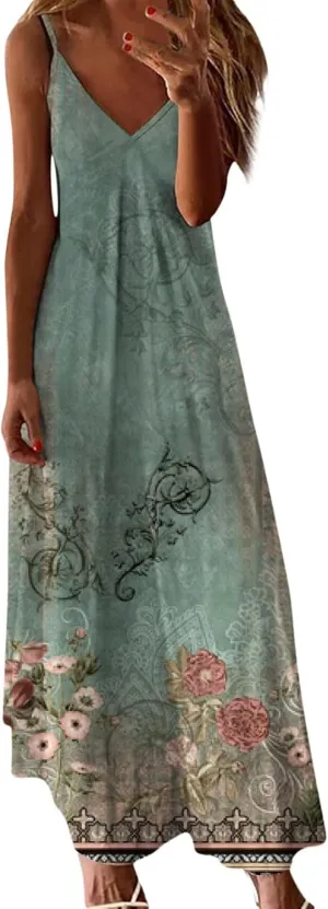 Women's MiniI Dresses Fashion Printed Long Skirt Casual Flower Sleeveless V Sundress Casual Maxi Tunic Tank Dress