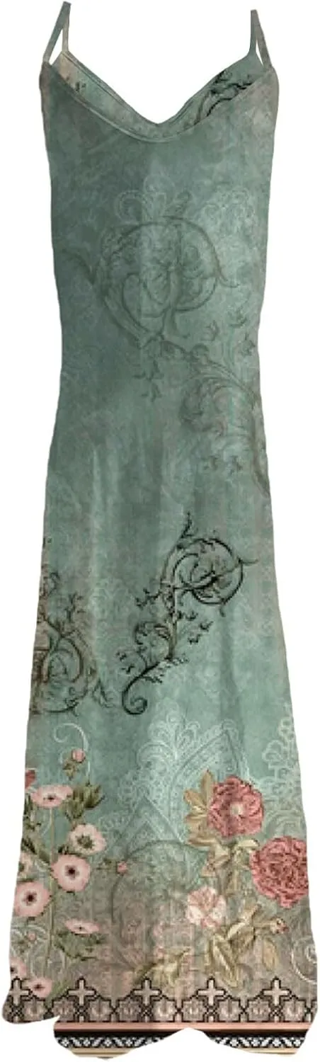Women's MiniI Dresses Fashion Printed Long Skirt Casual Flower Sleeveless V Sundress Casual Maxi Tunic Tank Dress