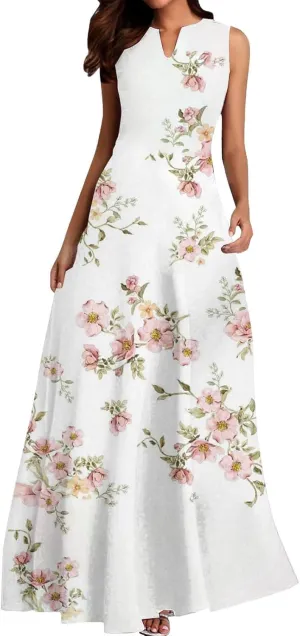 Women's MiniI Dresses Fashion Printed Long Skirt Casual Flower Sleeveless V Sundress Casual Maxi Tunic Tank Dress