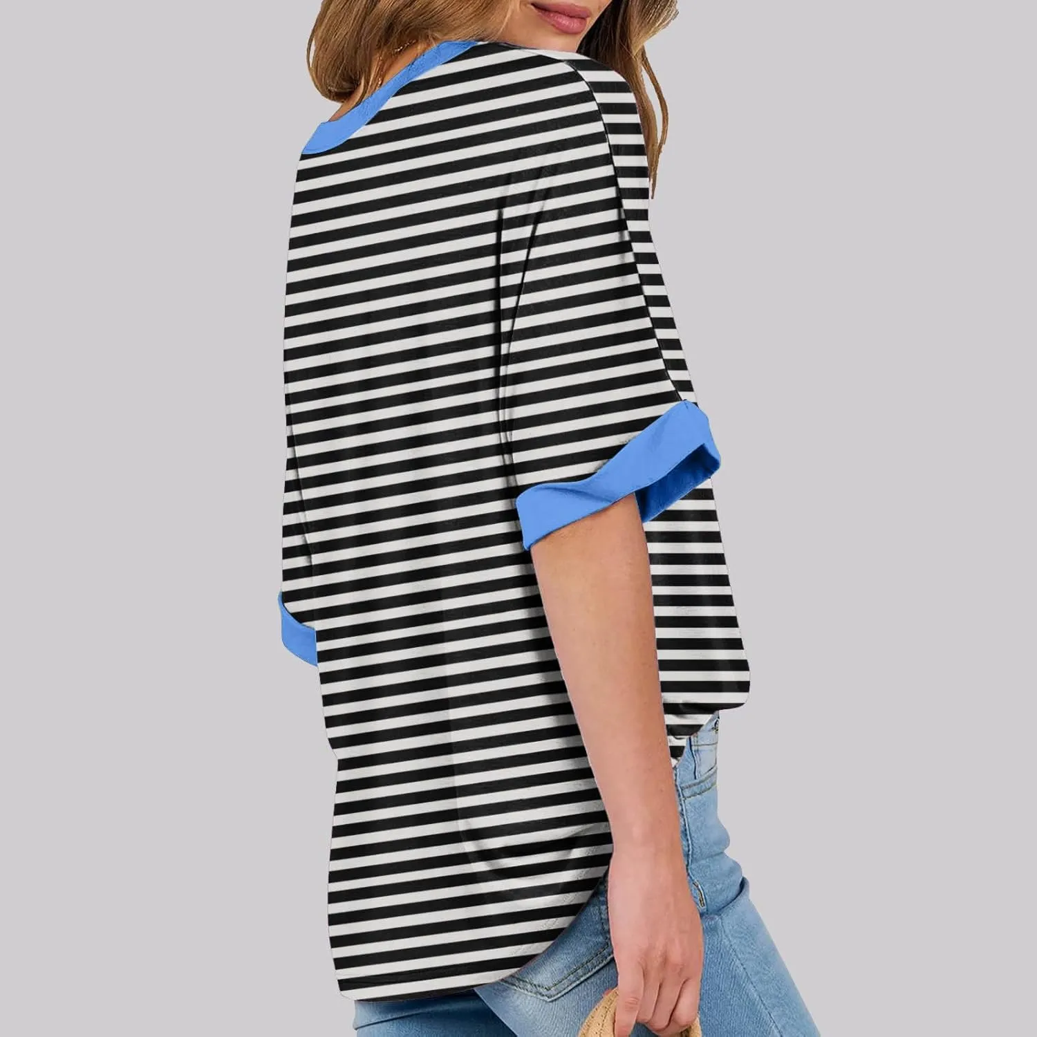 Womens Oversized T Shirts 2024 Casual Crewneck Short Half Sleeve Colorblock Striped Summer Tops