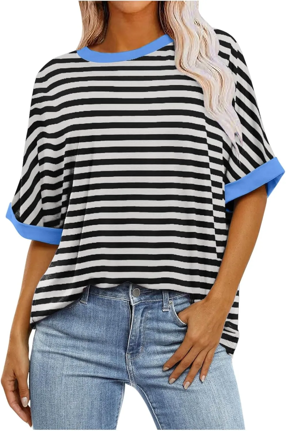 Womens Oversized T Shirts 2024 Casual Crewneck Short Half Sleeve Colorblock Striped Summer Tops