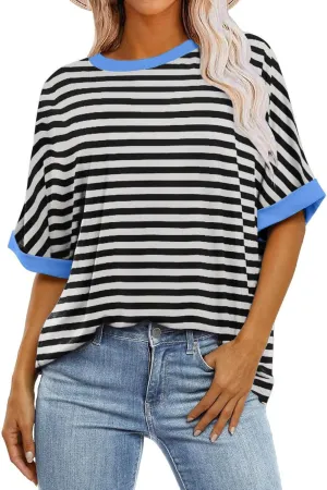 Womens Oversized T Shirts 2024 Casual Crewneck Short Half Sleeve Colorblock Striped Summer Tops