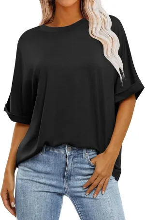 Women's Oversized T Shirts Short Sleeve Crewneck Solid Color Summer Tops Casual Loose Basic Tee Shirts Trendy Clothes