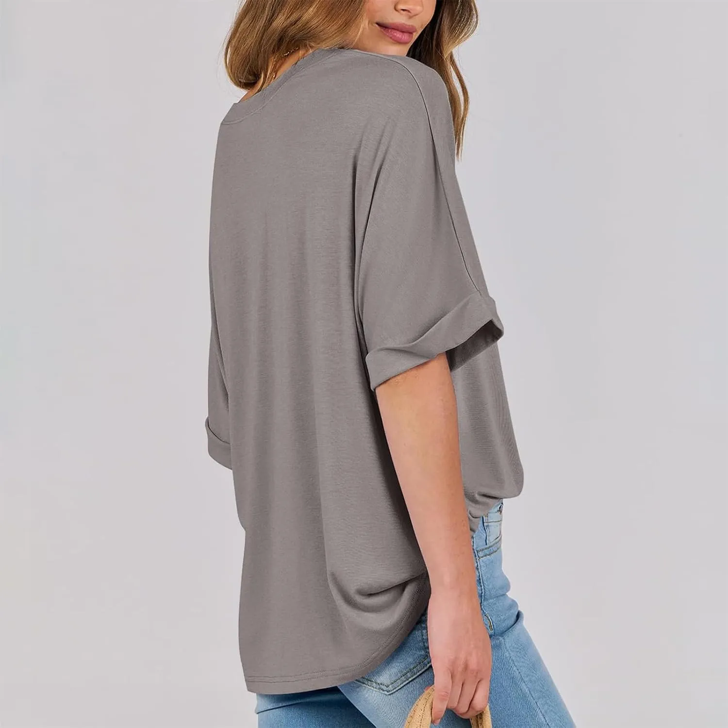 Women's Oversized T Shirts Short Sleeve Crewneck Solid Color Summer Tops Casual Loose Basic Tee Shirts Trendy Clothes