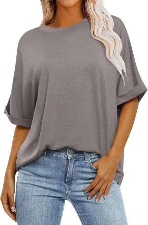 Women's Oversized T Shirts Short Sleeve Crewneck Solid Color Summer Tops Casual Loose Basic Tee Shirts Trendy Clothes