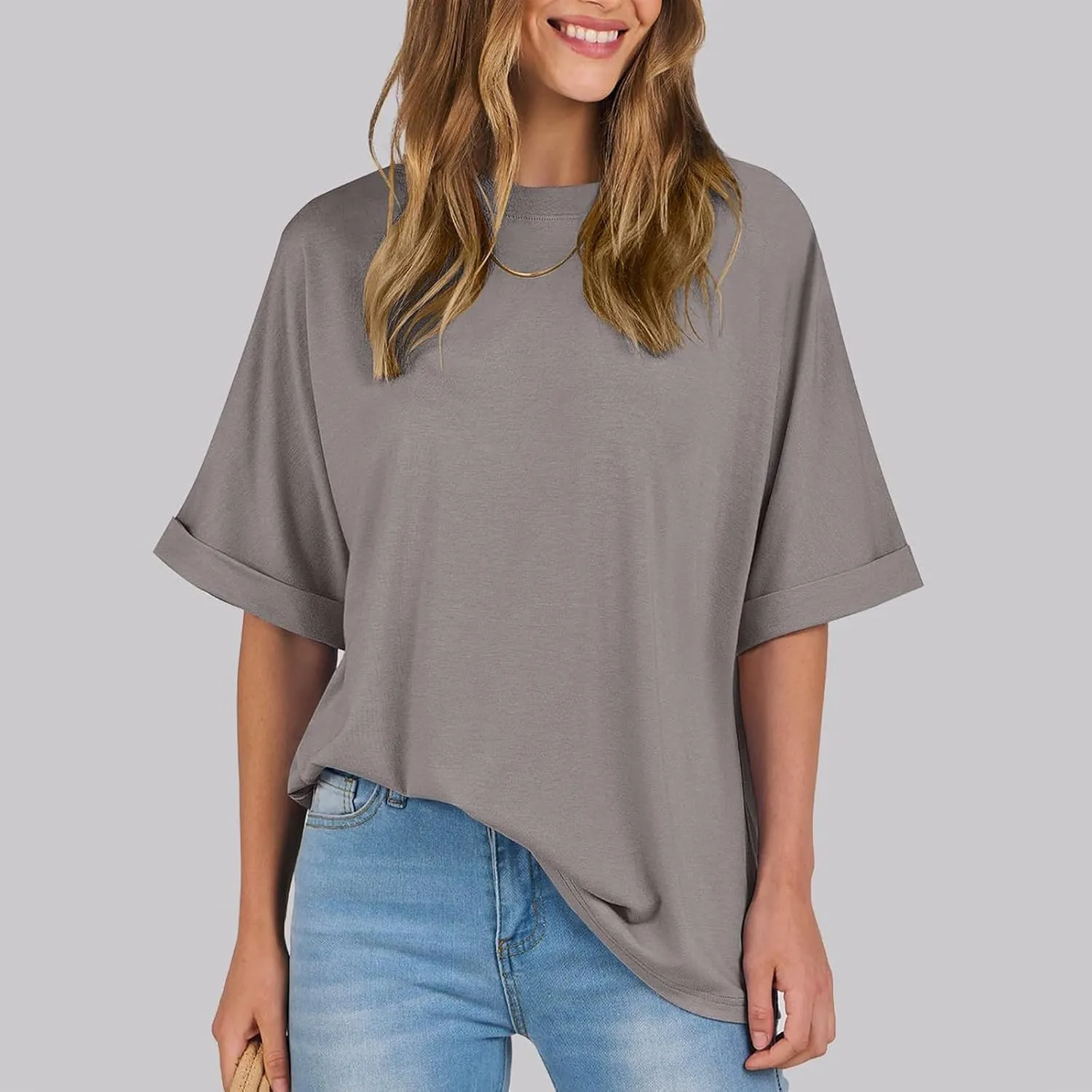 Women's Oversized T Shirts Short Sleeve Crewneck Solid Color Summer Tops Casual Loose Basic Tee Shirts Trendy Clothes