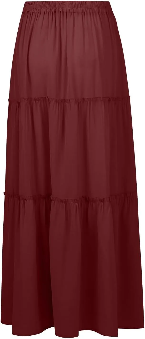 Women's Pleated Skirt Casual Loose Trendy Elastic High Waist Floral Print Boho Sun Beach Long Maxi Skirts, S-2XL