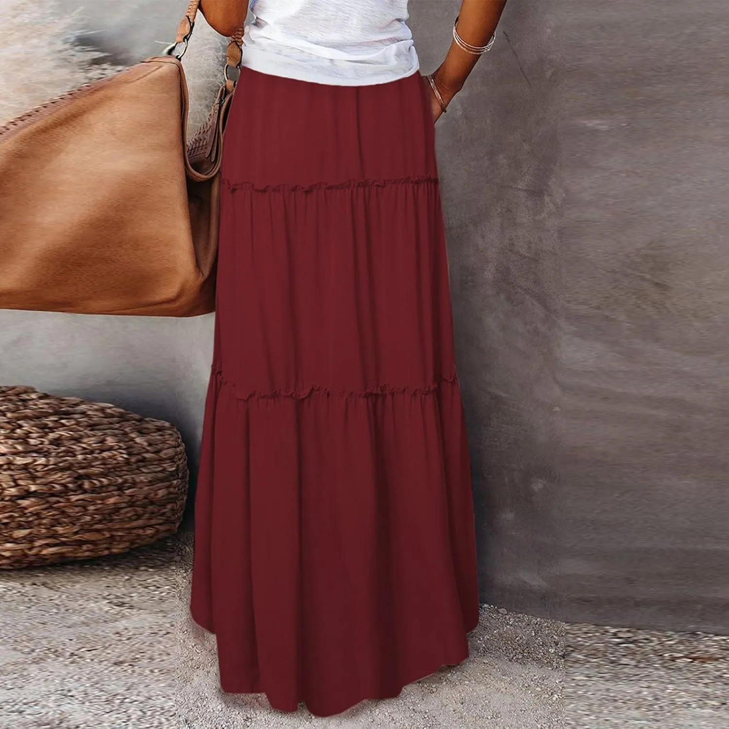 Women's Pleated Skirt Casual Loose Trendy Elastic High Waist Floral Print Boho Sun Beach Long Maxi Skirts, S-2XL