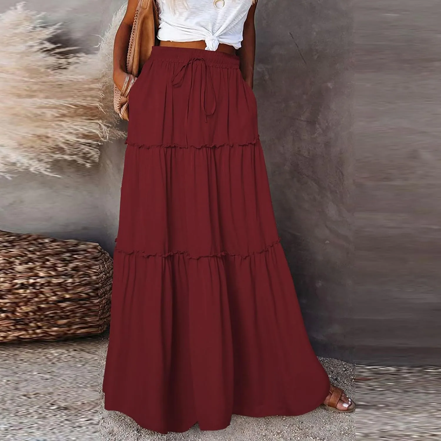 Women's Pleated Skirt Casual Loose Trendy Elastic High Waist Floral Print Boho Sun Beach Long Maxi Skirts, S-2XL