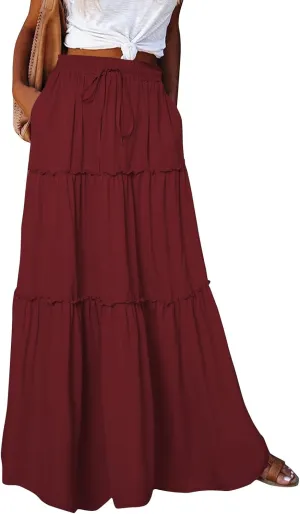 Women's Pleated Skirt Casual Loose Trendy Elastic High Waist Floral Print Boho Sun Beach Long Maxi Skirts, S-2XL