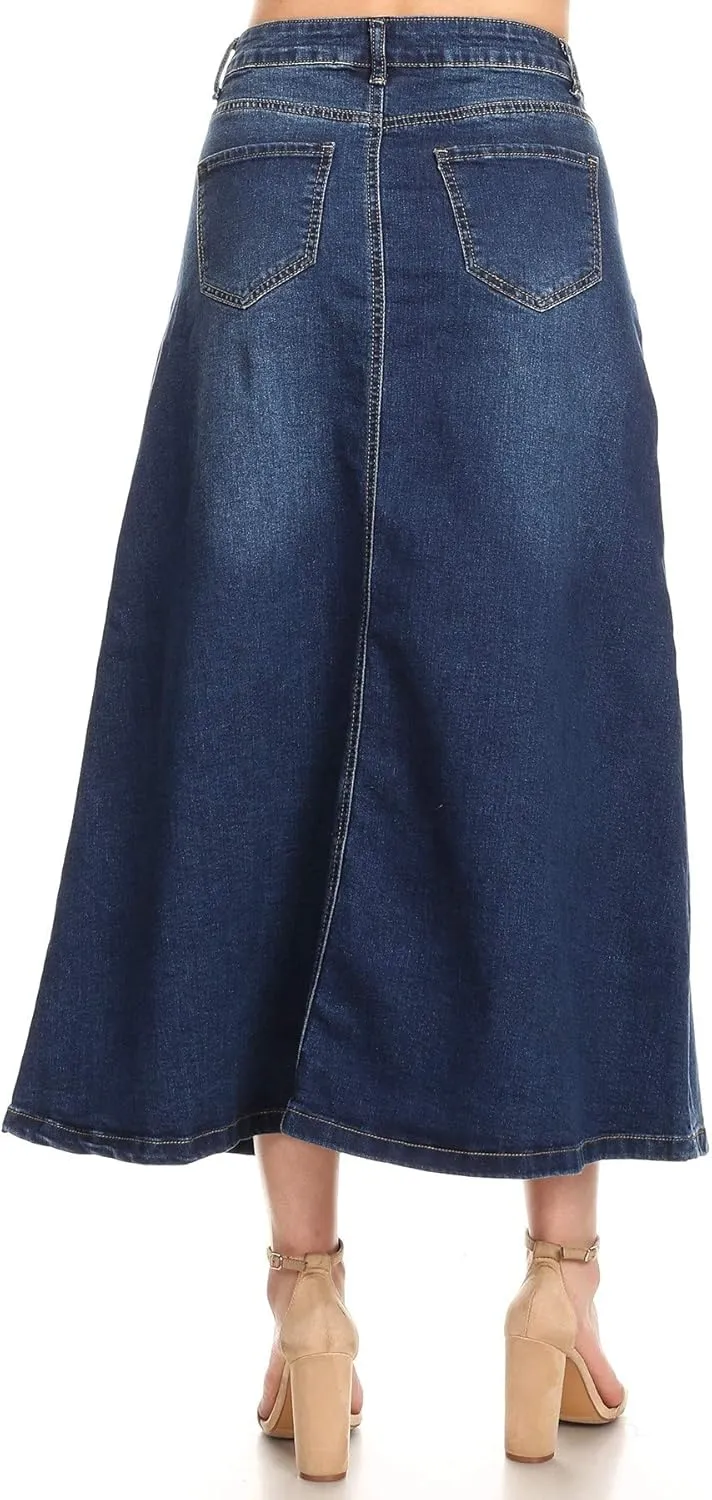 Womens Plus/Junior Size Mid Rise A-Line Long Jeans Maxi Denim Skirt