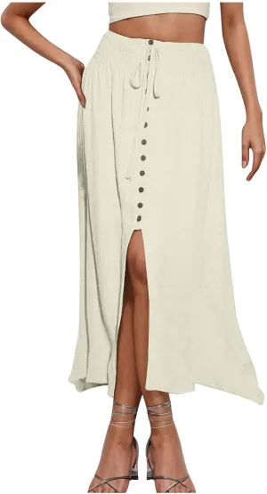 Women's Ruffle Flowy Maxi Skirts Solid Color Elastic Waist Casual Boho Sexy Slit Skirt with Drawstring, Front Button