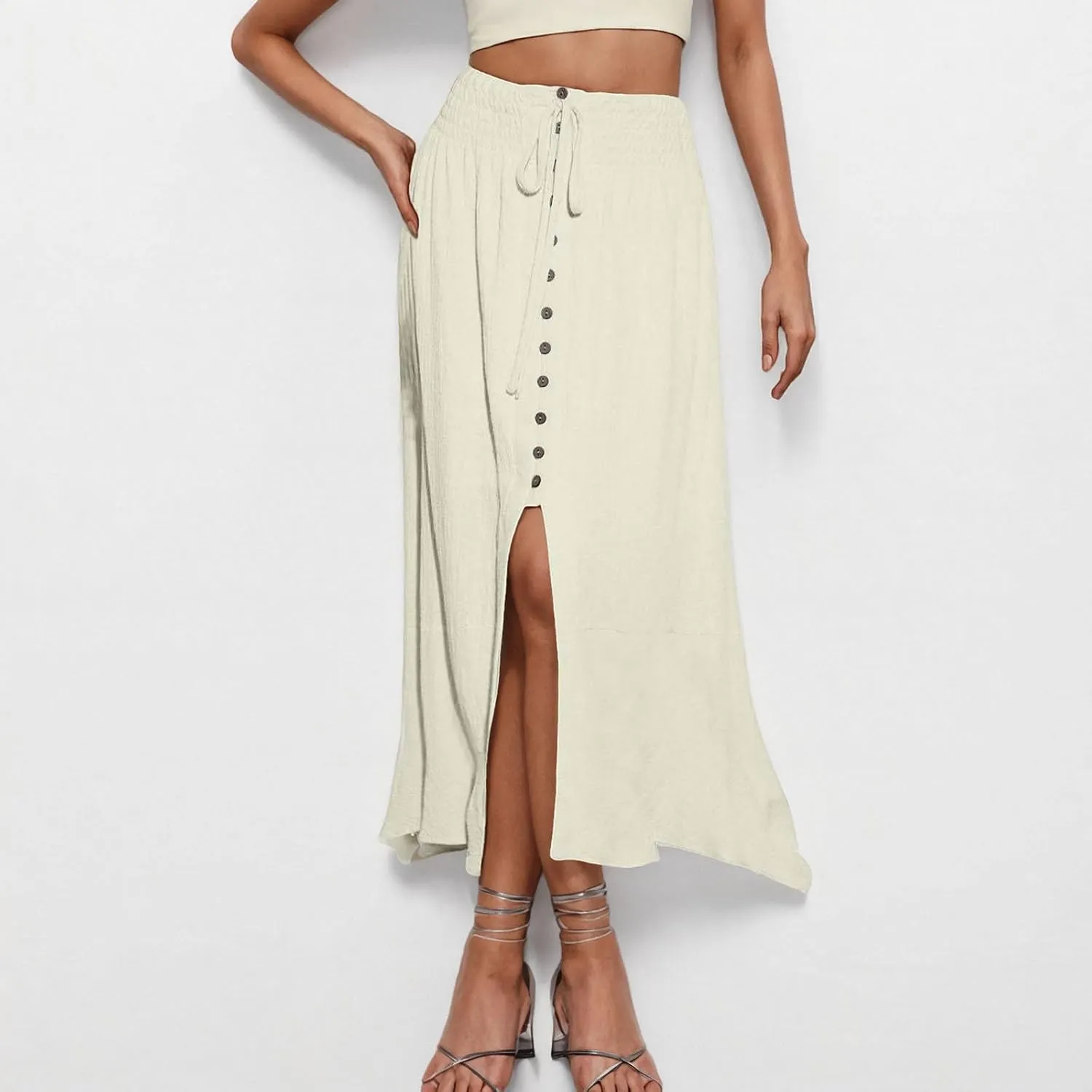 Women's Ruffle Flowy Maxi Skirts Solid Color Elastic Waist Casual Boho Sexy Slit Skirt with Drawstring, Front Button