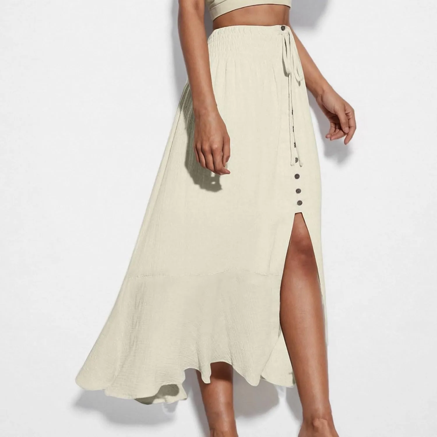 Women's Ruffle Flowy Maxi Skirts Solid Color Elastic Waist Casual Boho Sexy Slit Skirt with Drawstring, Front Button