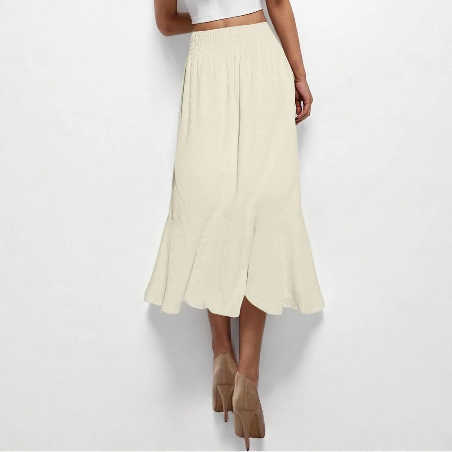 Women's Ruffle Flowy Maxi Skirts Solid Color Elastic Waist Casual Boho Sexy Slit Skirt with Drawstring, Front Button
