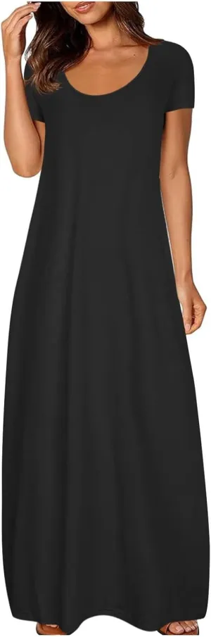 Women's Short Sleeve Maxi Dress Summer Casual T Shirt Dresses Scoop Neck Loose Fit Casual Long Sundress with Pocket