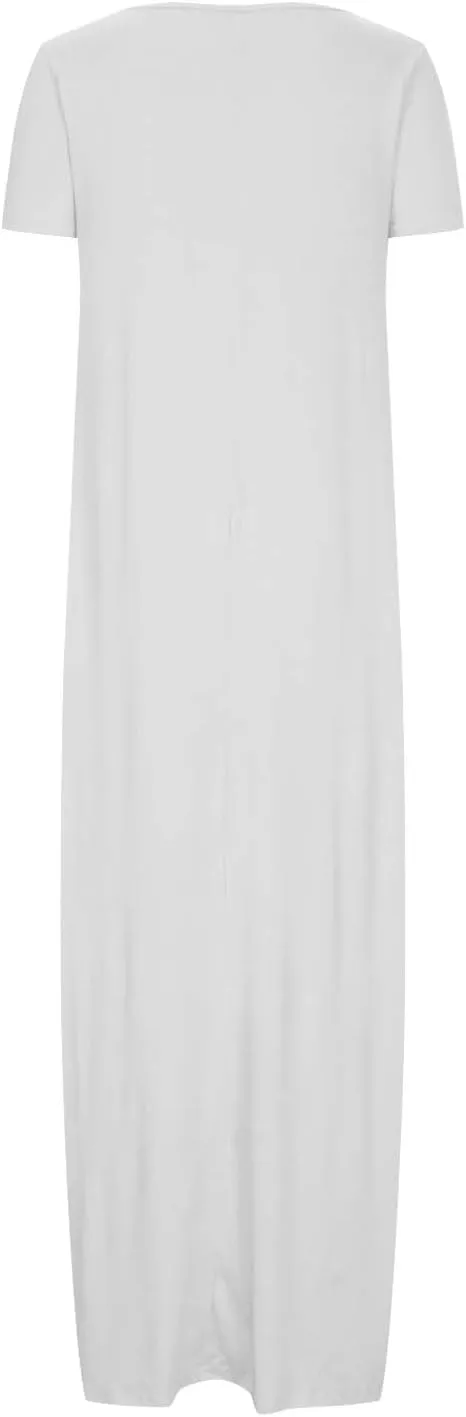 Women's Short Sleeve Maxi Dress Summer Casual T Shirt Dresses Scoop Neck Loose Fit Casual Long Sundress with Pocket