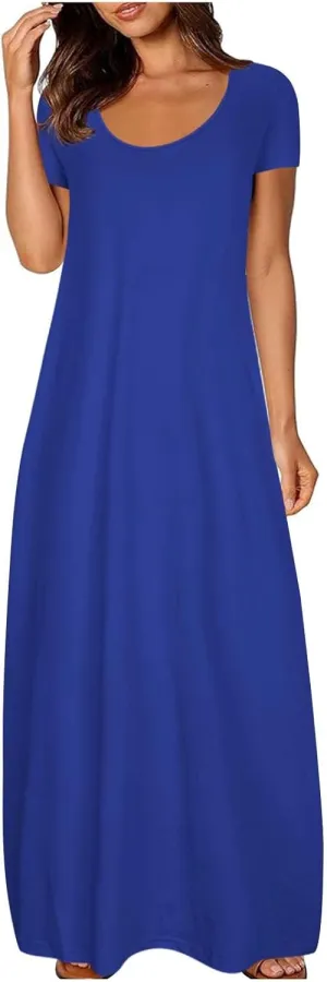 Women's Short Sleeve Maxi Dress Summer Casual T Shirt Dresses Scoop Neck Loose Fit Casual Long Sundress with Pocket