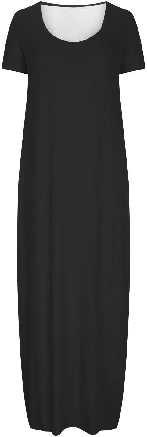 Women's Short Sleeve Maxi Dress Summer Casual T Shirt Dresses Scoop Neck Loose Fit Casual Long Sundress with Pocket