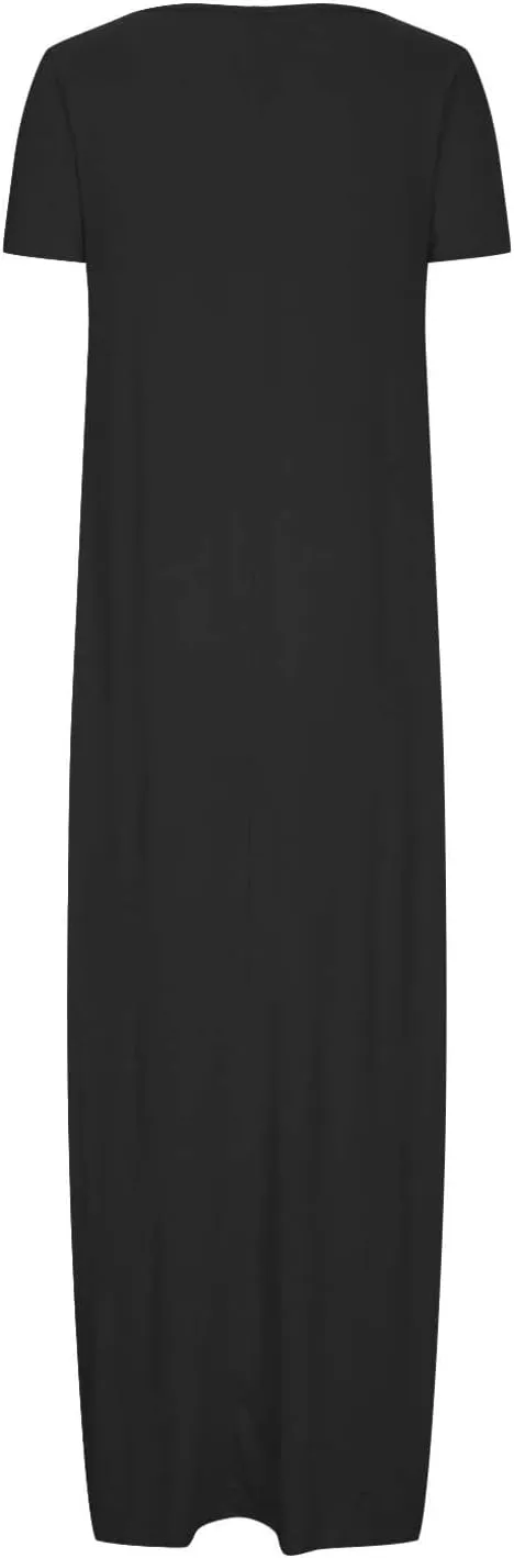 Women's Short Sleeve Maxi Dress Summer Casual T Shirt Dresses Scoop Neck Loose Fit Casual Long Sundress with Pocket