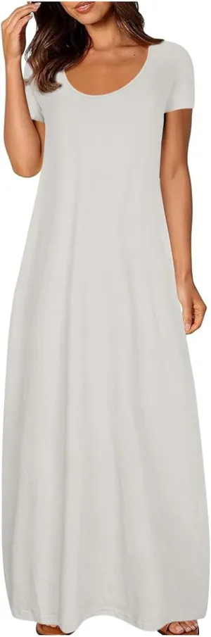 Women's Short Sleeve Maxi Dress Summer Casual T Shirt Dresses Scoop Neck Loose Fit Casual Long Sundress with Pocket